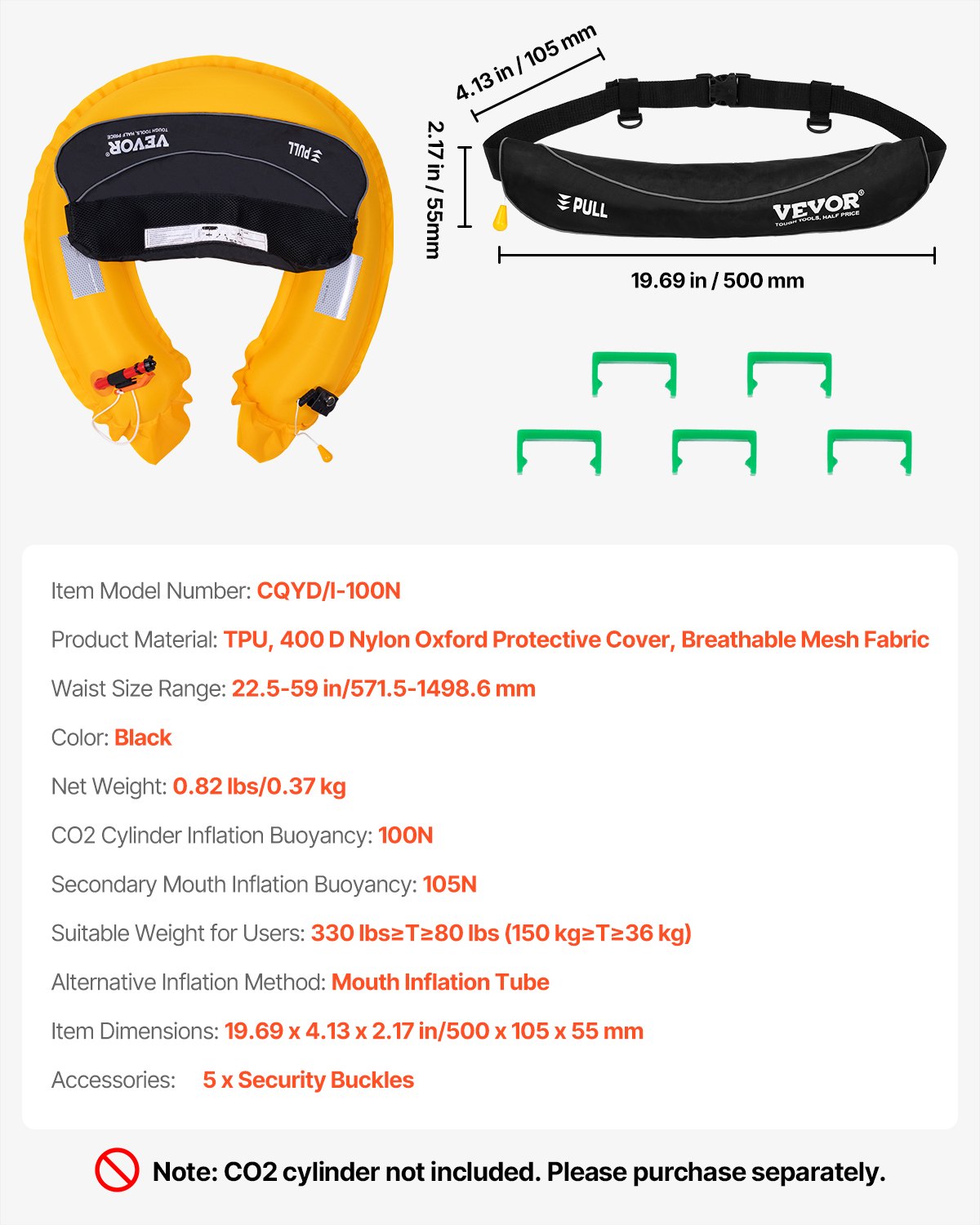 VEVOR Manual Inflatable Belt Pack for Adults, 105N Buoyancy, Over 80 Pounds and Up to 59 in Waist Adjustable, Inflatable PFD Waist for SUP Paddelboarding, Kayaking, Black (CO2 Cylinder Not Included) - CQJSYBHWDCQY5PRD7V0 - view 8