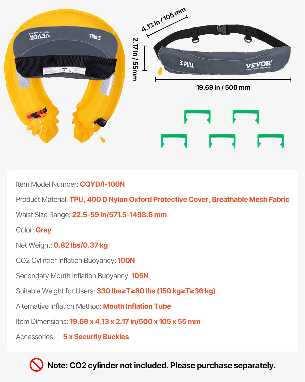 VEVOR Manual Inflatable Belt Pack for Adults, 105N Buoyancy, Over 80 Pounds and Up to 59 in Waist Adjustable, Inflatable PFD Waist for SUP Paddelboarding, Kayaking, Gray (CO2 Cylinder Not Included) - CQJSYBHWDCQYASYD8V0 - view 8