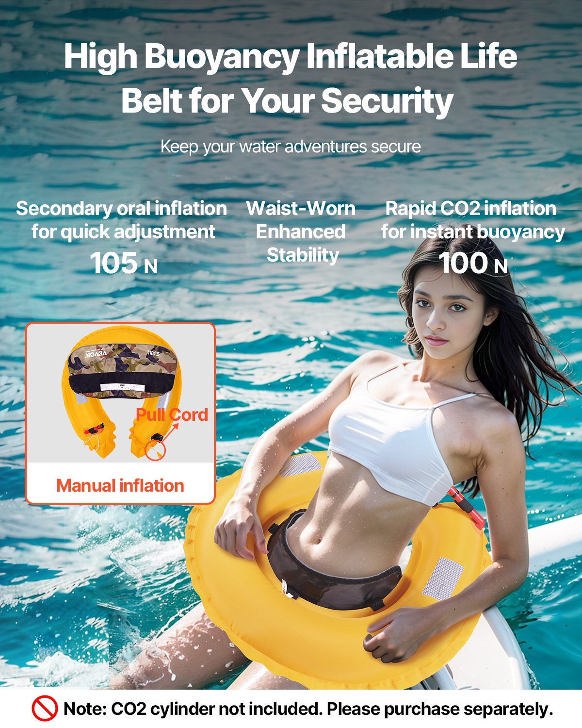 VEVOR Manual Inflatable Belt Pack for Adults, 105N Buoyancy, Over 80 Pounds and Up to 59 in Waist Adjustable, Inflatable PFD Waist for SUP Paddelboarding, Kayaking, Green (CO2 Cylinder Not Included) - CQJSYBHWDCQYJ7VMAV0 - view 3