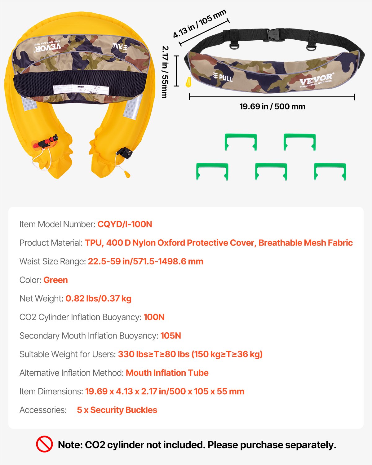 VEVOR Manual Inflatable Belt Pack for Adults, 105N Buoyancy, Over 80 Pounds and Up to 59 in Waist Adjustable, Inflatable PFD Waist for SUP Paddelboarding, Kayaking, Green (CO2 Cylinder Not Included) - CQJSYBHWDCQYJ7VMAV0 - view 8