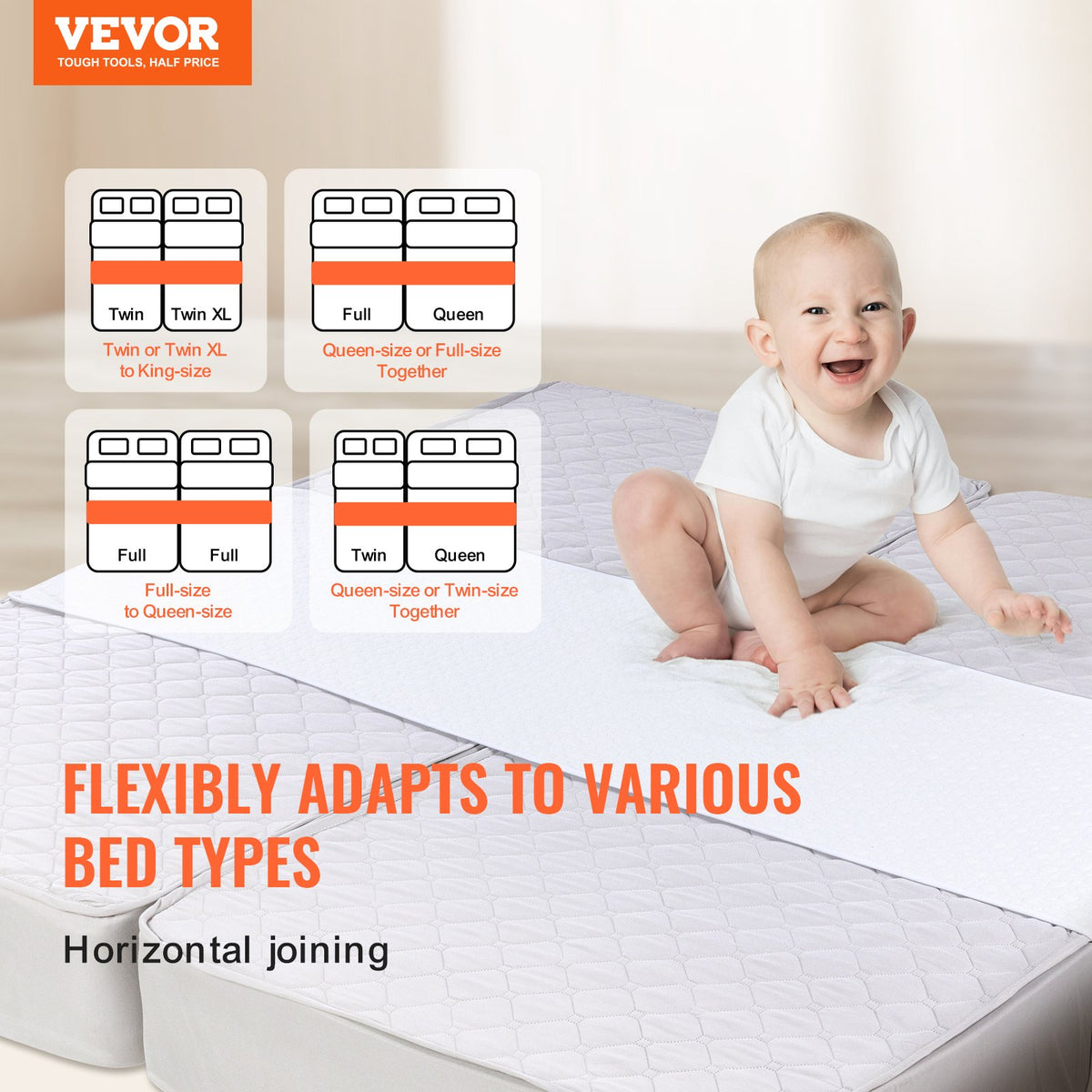 VEVOR Bed Bridge, King Bed Converter Kit, Split King Gap Filler for Adjustable Bed Mattress Connector Mattress Gap Filler with Heavy Duty Metal Buckle Strap 25D Memory Foam (100" L x 24" W) - CQL100W24INCUHVZEV0 - view 3