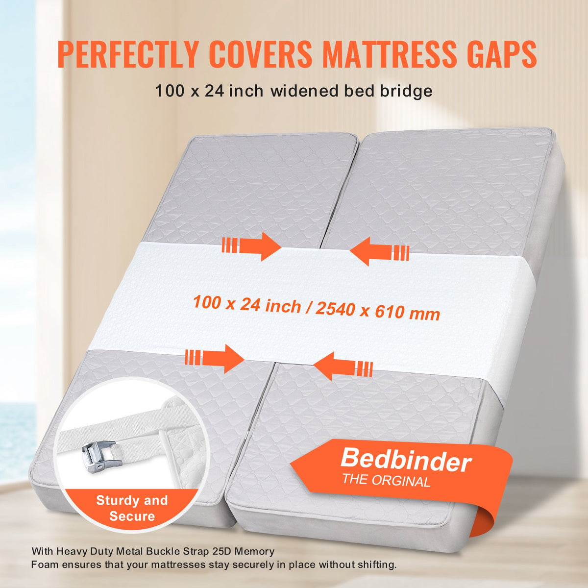 VEVOR Bed Bridge, King Bed Converter Kit, Split King Gap Filler for Adjustable Bed Mattress Connector Mattress Gap Filler with Heavy Duty Metal Buckle Strap 25D Memory Foam (100" L x 24" W) - CQL100W24INCUHVZEV0 - view 4