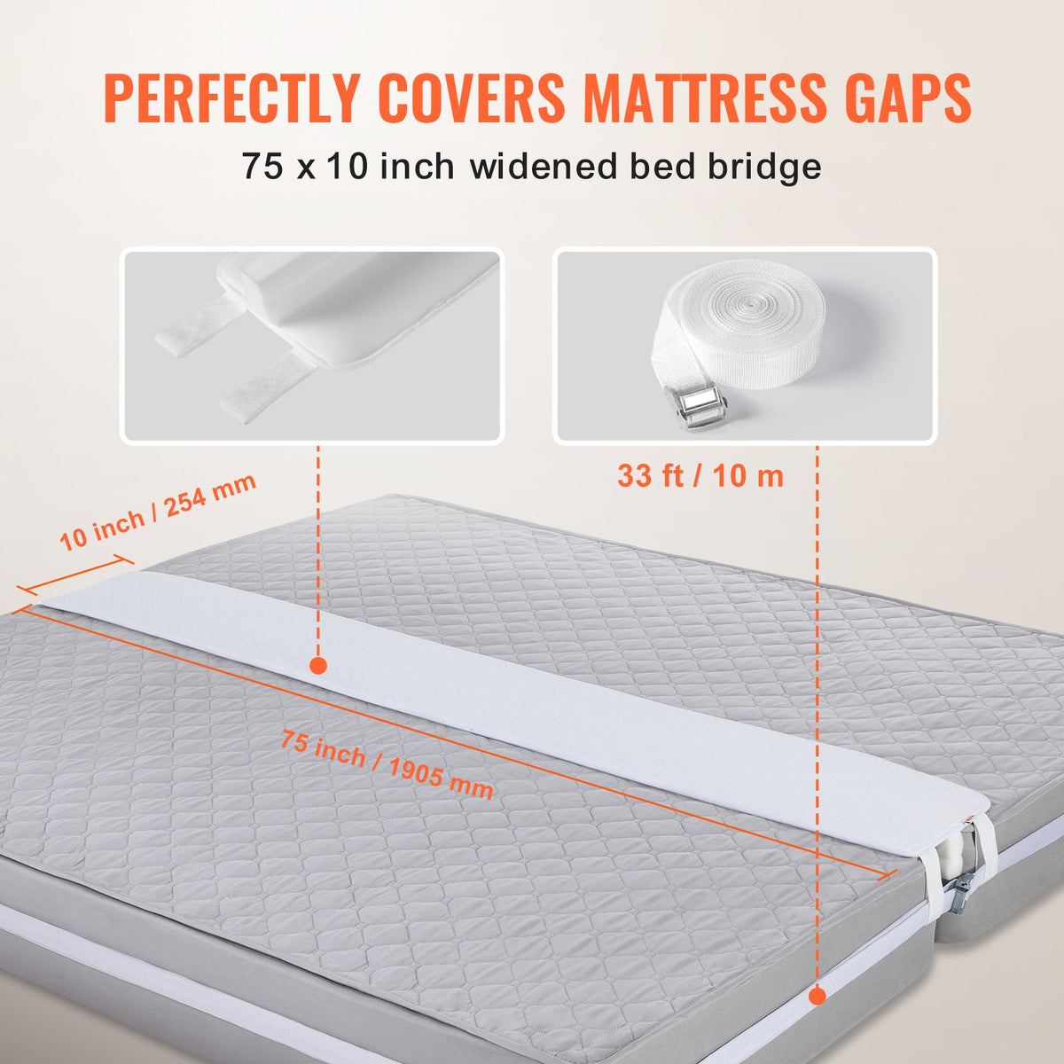 VEVOR Bed Bridge, King Bed Converter Kit, Split King Gap Filler for Adjustable Bed Mattress Connector Mattress Gap Filler with Heavy Duty Metal Buckle Strap 25D Memory Foam (75" L x 10" W) - CQL75W10INCH8JTJSV0 - view 4