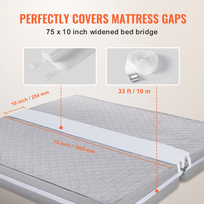 VEVOR Bed Bridge, King Bed Converter Kit, Split King Gap Filler for Adjustable Bed Mattress Connector Mattress Gap Filler with Heavy Duty Metal Buckle Strap 25D Memory Foam (75" L x 10" W) - CQL75W10INCH8JTJSV0 - view 4