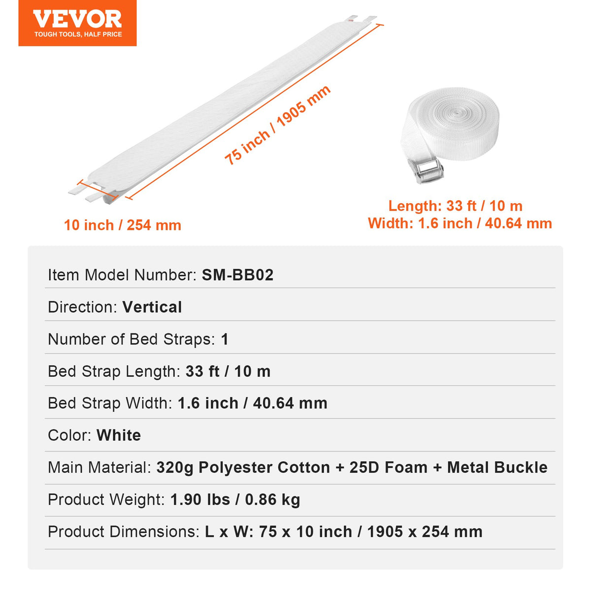 VEVOR Bed Bridge, King Bed Converter Kit, Split King Gap Filler for Adjustable Bed Mattress Connector Mattress Gap Filler with Heavy Duty Metal Buckle Strap 25D Memory Foam (75" L x 10" W) - CQL75W10INCH8JTJSV0 - view 8