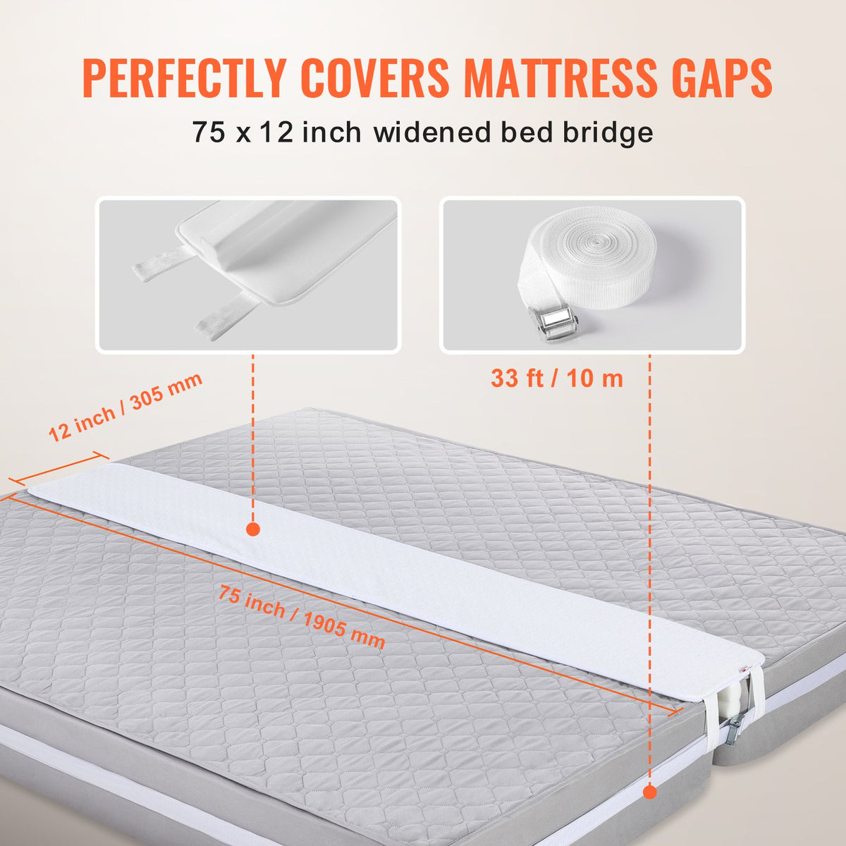 VEVOR Bed Bridge, King Bed Converter Kit, Split King Gap Filler for Adjustable Bed Mattress Connector Mattress Gap Filler with Heavy Duty Metal Buckle Strap 25D Memory Foam (75"L x 12"W) - CQL75W12INCHH4PYHV0 - view 4