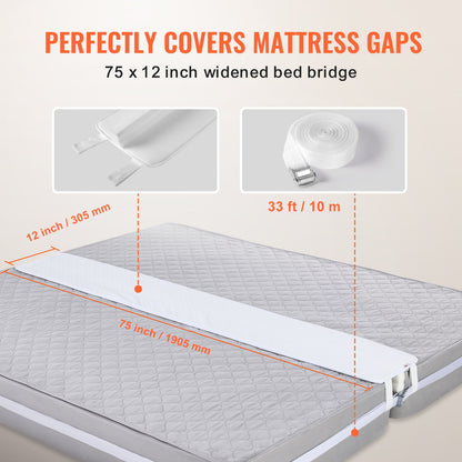 VEVOR Bed Bridge, King Bed Converter Kit, Split King Gap Filler for Adjustable Bed Mattress Connector Mattress Gap Filler with Heavy Duty Metal Buckle Strap 25D Memory Foam (75"L x 12"W) - CQL75W12INCHH4PYHV0 - view 4