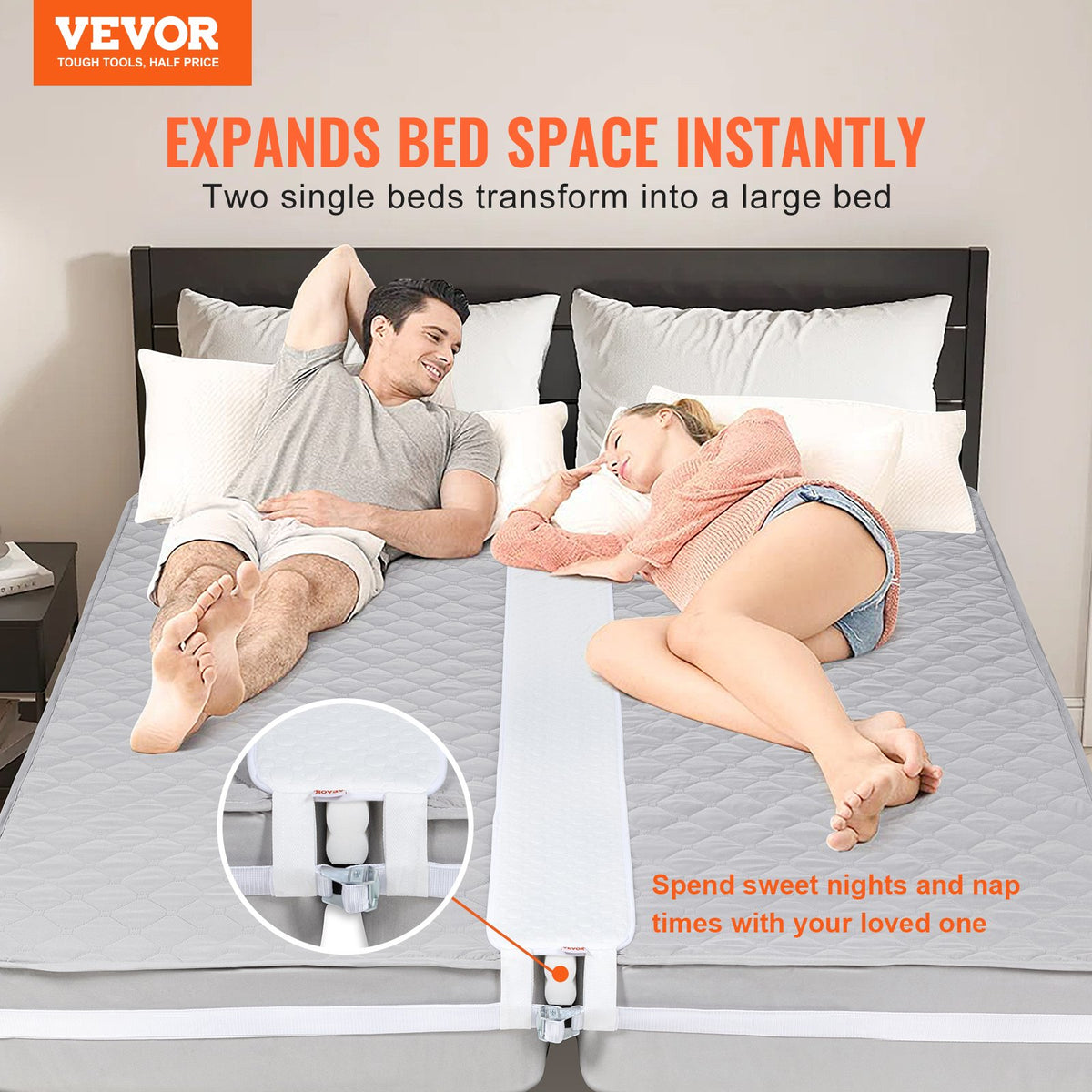 VEVOR Bed Bridge, King Bed Converter Kit, Split King Gap Filler for Adjustable Bed Mattress Connector Mattress Gap Filler with Heavy Duty Metal Buckle Strap 25D Memory Foam (75" L x 8" W) - CQL75W8INCHZILLDJV0 - view 3