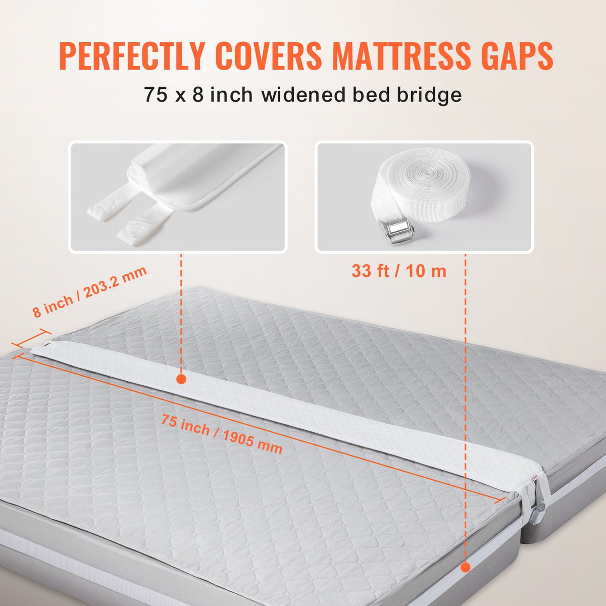 VEVOR Bed Bridge, King Bed Converter Kit, Split King Gap Filler for Adjustable Bed Mattress Connector Mattress Gap Filler with Heavy Duty Metal Buckle Strap 25D Memory Foam (75" L x 8" W) - CQL75W8INCHZILLDJV0 - view 4