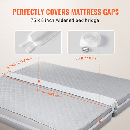 VEVOR Bed Bridge, King Bed Converter Kit, Split King Gap Filler for Adjustable Bed Mattress Connector Mattress Gap Filler with Heavy Duty Metal Buckle Strap 25D Memory Foam (75" L x 8" W) - CQL75W8INCHZILLDJV0 - view 4