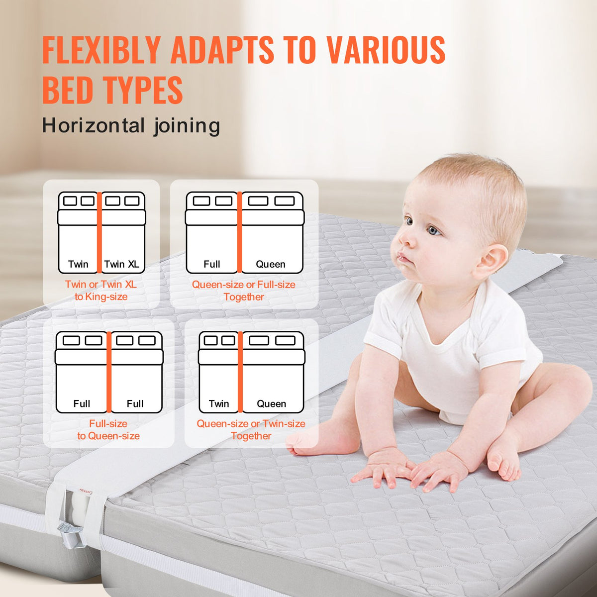 VEVOR Bed Bridge, King Bed Converter Kit, Split King Gap Filler for Adjustable Bed Mattress Connector Mattress Gap Filler with Heavy Duty Metal Buckle Strap 25D Memory Foam (75" L x 8" W) - CQL75W8INCHZILLDJV0 - view 6