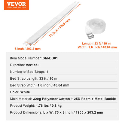VEVOR Bed Bridge, King Bed Converter Kit, Split King Gap Filler for Adjustable Bed Mattress Connector Mattress Gap Filler with Heavy Duty Metal Buckle Strap 25D Memory Foam (75" L x 8" W) - CQL75W8INCHZILLDJV0 - view 8