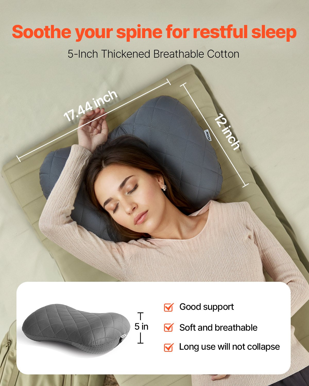 VEVOR Inflatable Camping Pillow, 5-Inch Thickened Travel Pillow, Soft Backpacking Pillows with Removable & Washable Cover, Storage Bag, Lightweight and Portable for Camping, Air Travel, Hiking, Office - CQSLYZMEDIUM91XKCV0 - view 3