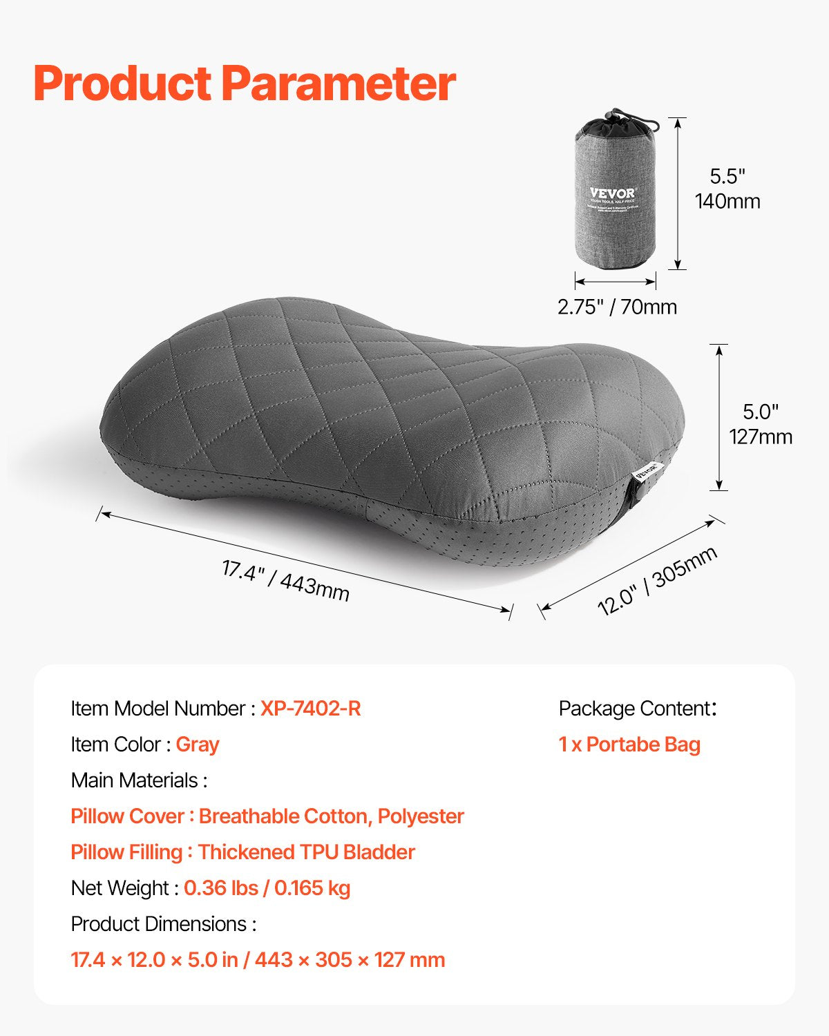 VEVOR Inflatable Camping Pillow, 5-Inch Thickened Travel Pillow, Soft Backpacking Pillows with Removable & Washable Cover, Storage Bag, Lightweight and Portable for Camping, Air Travel, Hiking, Office - CQSLYZMEDIUM91XKCV0 - view 8