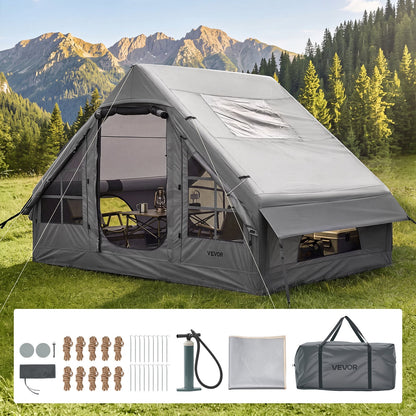 VEVOR Inflatable Tent for Camping 2-4 Person Blow Up Tent with Pump Gray, for Family Outdoor Glamping, Waterproof 420D Oxford, Easy Setup Air House with Skylight, Stove Jack, Mesh Windows & Carry Bag - CQSMGBHS6WTMB2BJJ001V0 - view 1