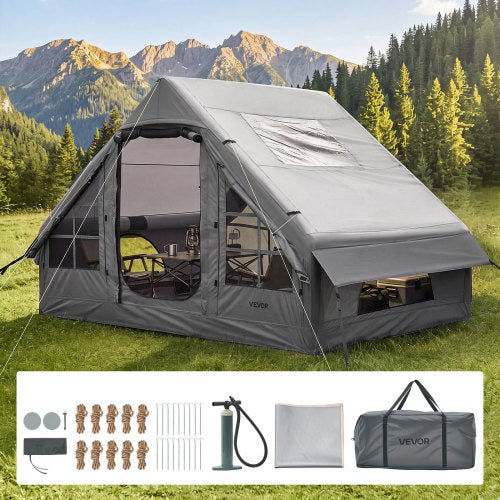 VEVOR Inflatable Tent for Camping 2-4 Person Blow Up Tent with Pump Gray, for Family Outdoor Glamping, Waterproof 420D Oxford, Easy Setup Air House with Skylight, Stove Jack, Mesh Windows & Carry Bag - CQSMGBHS6WTMB2BJJ001V0 - view 2