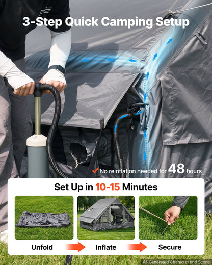 VEVOR Inflatable Tent for Camping 2-4 Person Blow Up Tent with Pump Gray, for Family Outdoor Glamping, Waterproof 420D Oxford, Easy Setup Air House with Skylight, Stove Jack, Mesh Windows & Carry Bag - CQSMGBHS6WTMB2BJJ001V0 - view 4