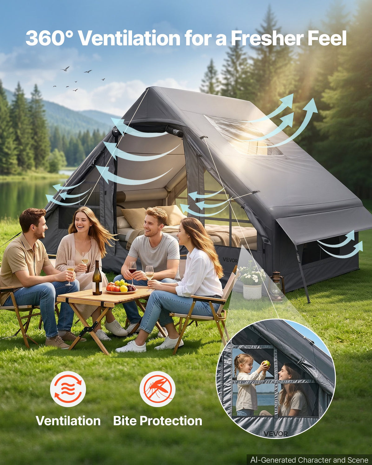 VEVOR Inflatable Tent for Camping 2-4 Person Blow Up Tent with Pump Gray, for Family Outdoor Glamping, Waterproof 420D Oxford, Easy Setup Air House with Skylight, Stove Jack, Mesh Windows & Carry Bag - CQSMGBHS6WTMB2BJJ001V0 - view 6
