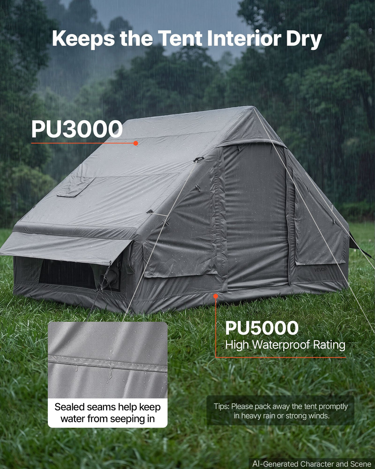 VEVOR Inflatable Tent for Camping 2-4 Person Blow Up Tent with Pump Gray, for Family Outdoor Glamping, Waterproof 420D Oxford, Easy Setup Air House with Skylight, Stove Jack, Mesh Windows & Carry Bag - CQSMGBHS6WTMB2BJJ001V0 - view 7