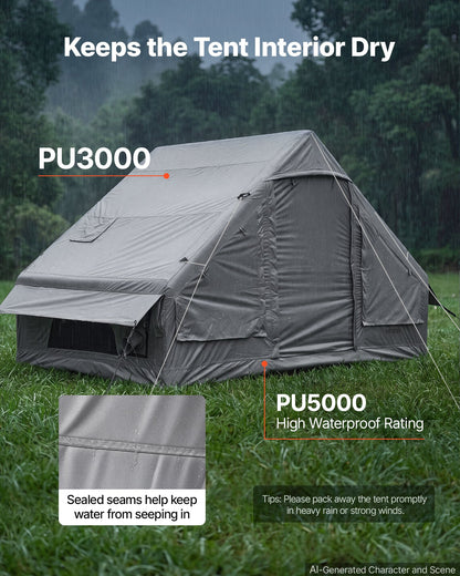 VEVOR Inflatable Tent for Camping 2-4 Person Blow Up Tent with Pump Gray, for Family Outdoor Glamping, Waterproof 420D Oxford, Easy Setup Air House with Skylight, Stove Jack, Mesh Windows & Carry Bag - CQSMGBHS6WTMB2BJJ001V0 - view 7
