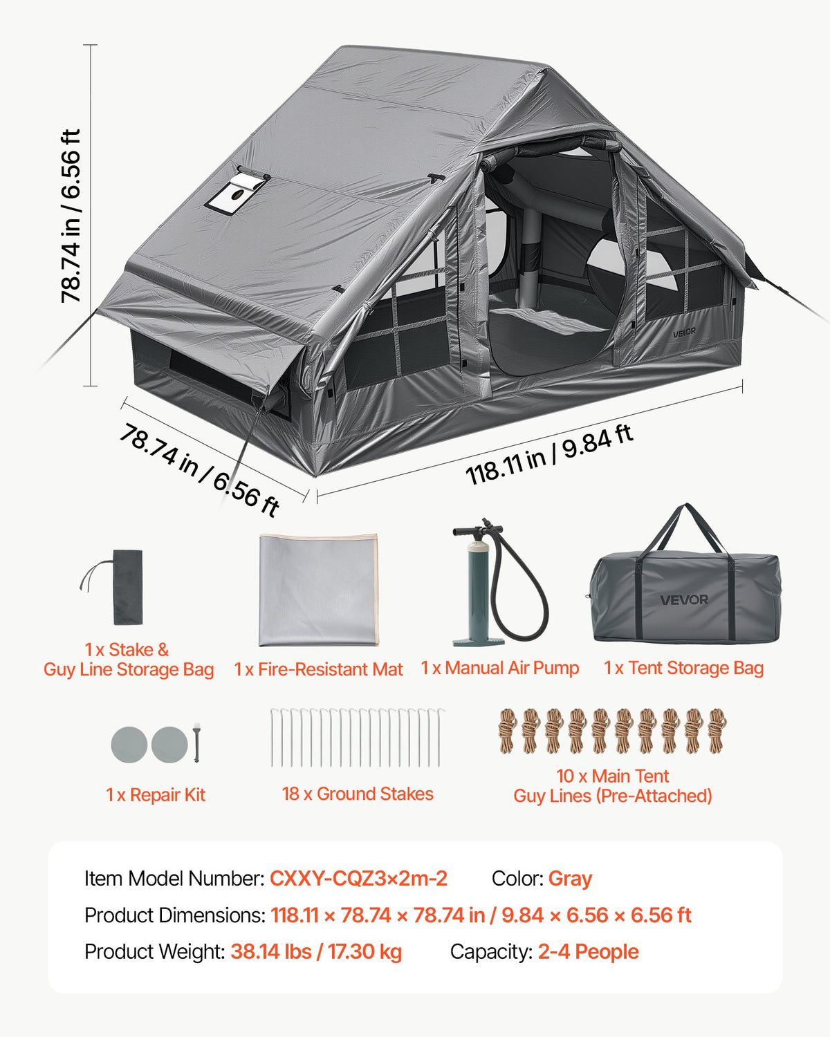 VEVOR Inflatable Tent for Camping 2-4 Person Blow Up Tent with Pump Gray, for Family Outdoor Glamping, Waterproof 420D Oxford, Easy Setup Air House with Skylight, Stove Jack, Mesh Windows & Carry Bag - CQSMGBHS6WTMB2BJJ001V0 - view 8