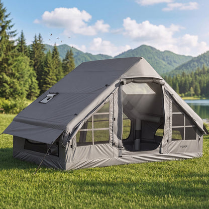 VEVOR Inflatable Tent for Camping 2-4 Person Blow Up Tent with Pump Gray, for Family Outdoor Glamping, Waterproof 420D Oxford, Easy Setup Air House with Skylight, Stove Jack, Mesh Windows & Carry Bag - CQSMGBHS6WTMB2BJJ001V0 - view 9