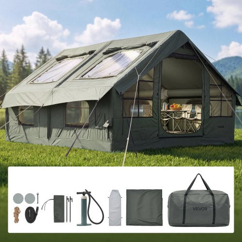 VEVOR Inflatable Tent for Camping 5-8 Person Blow Up Tent with Pump Green, for Family Outdoor Glamping, Waterproof Poly-Cotton, Easy Setup Air House with Skylight, Stove Jack, Mesh Windows & Carry Bag - CQSMGBLS12WTMXQVV001V0 - view 2
