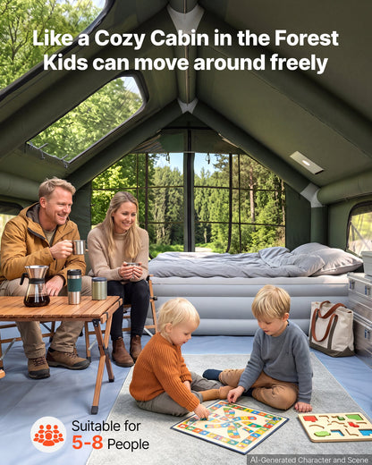 VEVOR Inflatable Tent for Camping 5-8 Person Blow Up Tent with Pump Green, for Family Outdoor Glamping, Waterproof Poly-Cotton, Easy Setup Air House with Skylight, Stove Jack, Mesh Windows & Carry Bag - CQSMGBLS12WTMXQVV001V0 - view 3