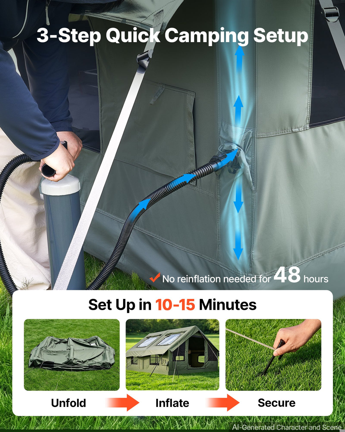 VEVOR Inflatable Tent for Camping 5-8 Person Blow Up Tent with Pump Green, for Family Outdoor Glamping, Waterproof Poly-Cotton, Easy Setup Air House with Skylight, Stove Jack, Mesh Windows & Carry Bag - CQSMGBLS12WTMXQVV001V0 - view 4