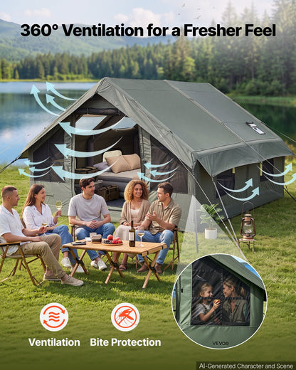 VEVOR Inflatable Tent for Camping 5-8 Person Blow Up Tent with Pump Green, for Family Outdoor Glamping, Waterproof Poly-Cotton, Easy Setup Air House with Skylight, Stove Jack, Mesh Windows & Carry Bag - CQSMGBLS12WTMXQVV001V0 - view 6