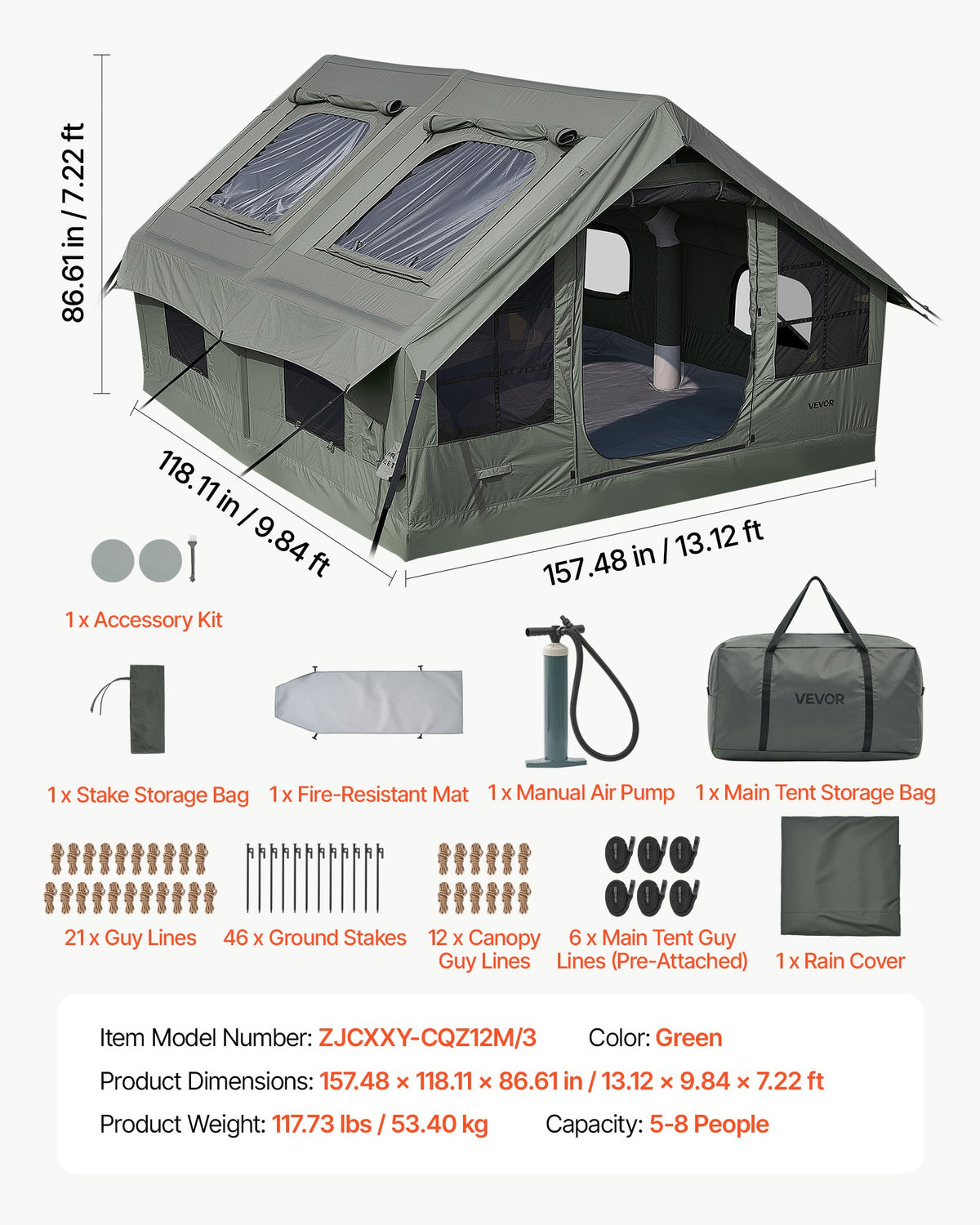 VEVOR Inflatable Tent for Camping 5-8 Person Blow Up Tent with Pump Green, for Family Outdoor Glamping, Waterproof Poly-Cotton, Easy Setup Air House with Skylight, Stove Jack, Mesh Windows & Carry Bag - CQSMGBLS12WTMXQVV001V0 - view 8