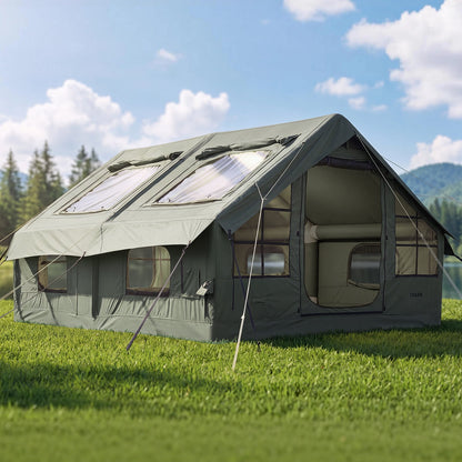VEVOR Inflatable Tent for Camping 5-8 Person Blow Up Tent with Pump Green, for Family Outdoor Glamping, Waterproof Poly-Cotton, Easy Setup Air House with Skylight, Stove Jack, Mesh Windows & Carry Bag - CQSMGBLS12WTMXQVV001V0 - view 9