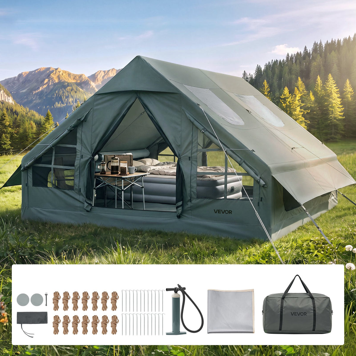 VEVOR Inflatable Tent for Camping 5-8 Person Blow Up Tent with Hand Pump, for Family Outdoor Glamping, Waterproof 420D Oxford, Easy Setup Air House with Skylight, Stove Jack, Mesh Windows & Carry Bag - CQSMGBLS12WTP1N4K001V0 - view 1