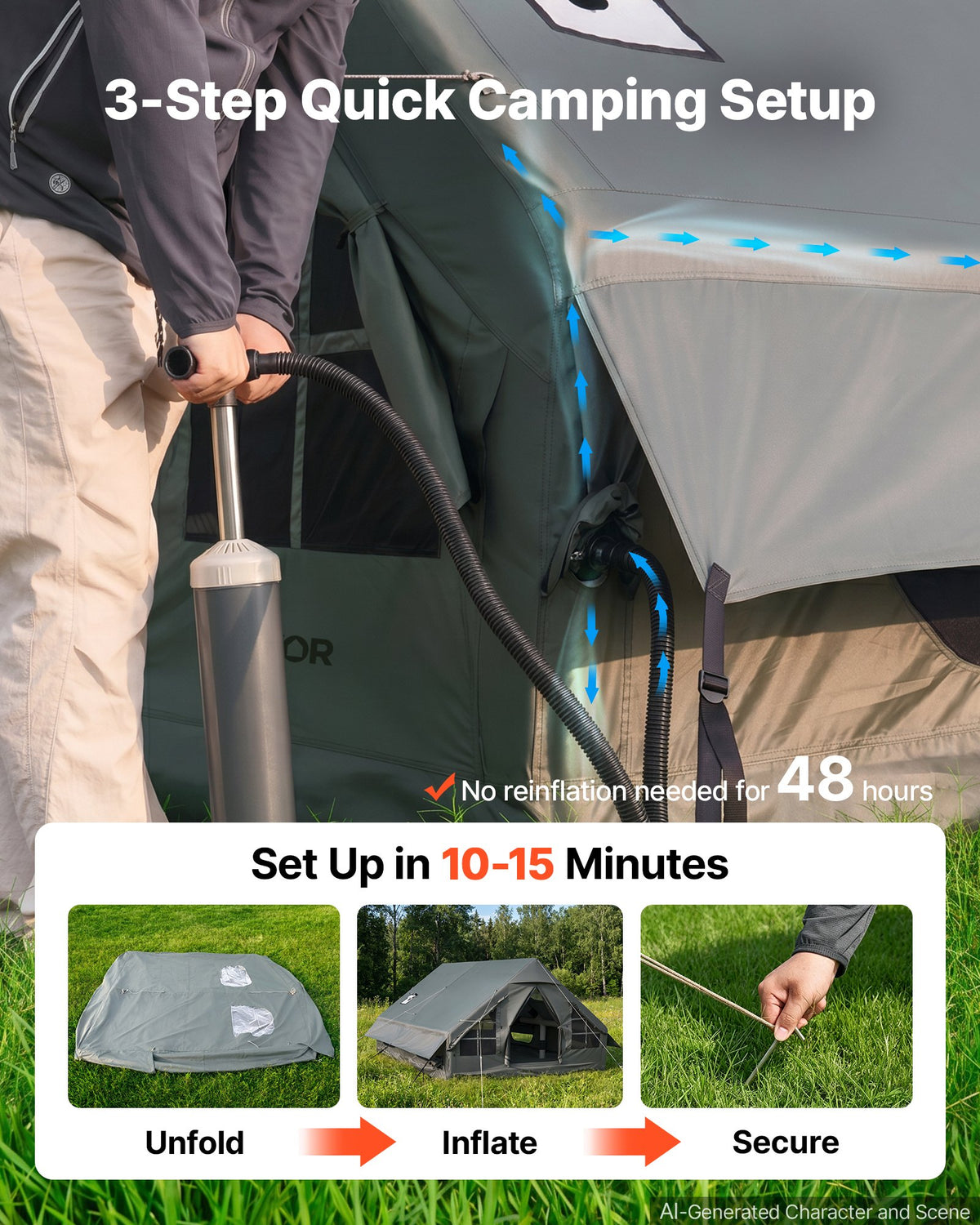 VEVOR Inflatable Tent for Camping 5-8 Person Blow Up Tent with Hand Pump, for Family Outdoor Glamping, Waterproof 420D Oxford, Easy Setup Air House with Skylight, Stove Jack, Mesh Windows & Carry Bag - CQSMGBLS12WTP1N4K001V0 - view 4