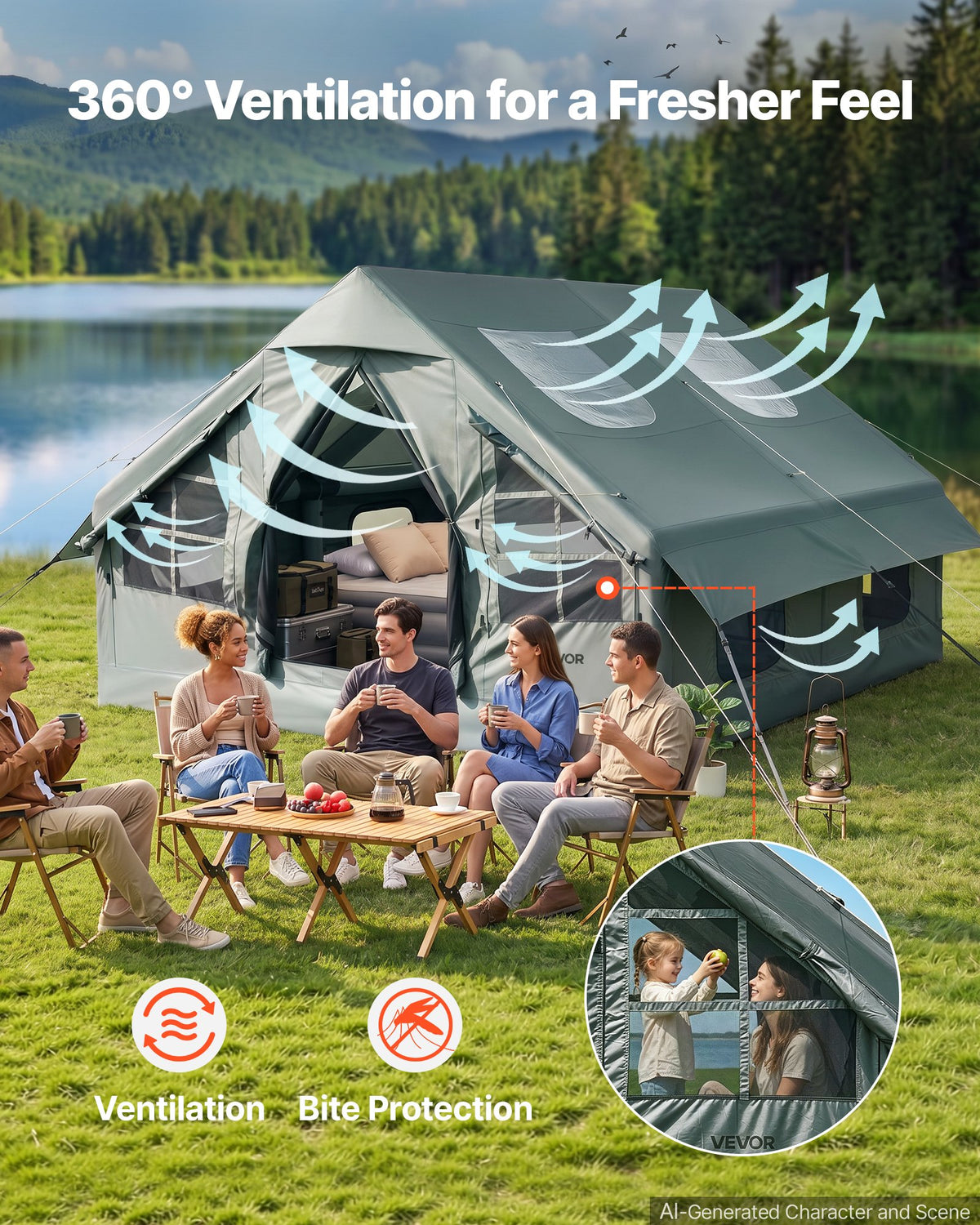 VEVOR Inflatable Tent for Camping 5-8 Person Blow Up Tent with Hand Pump, for Family Outdoor Glamping, Waterproof 420D Oxford, Easy Setup Air House with Skylight, Stove Jack, Mesh Windows & Carry Bag - CQSMGBLS12WTP1N4K001V0 - view 6