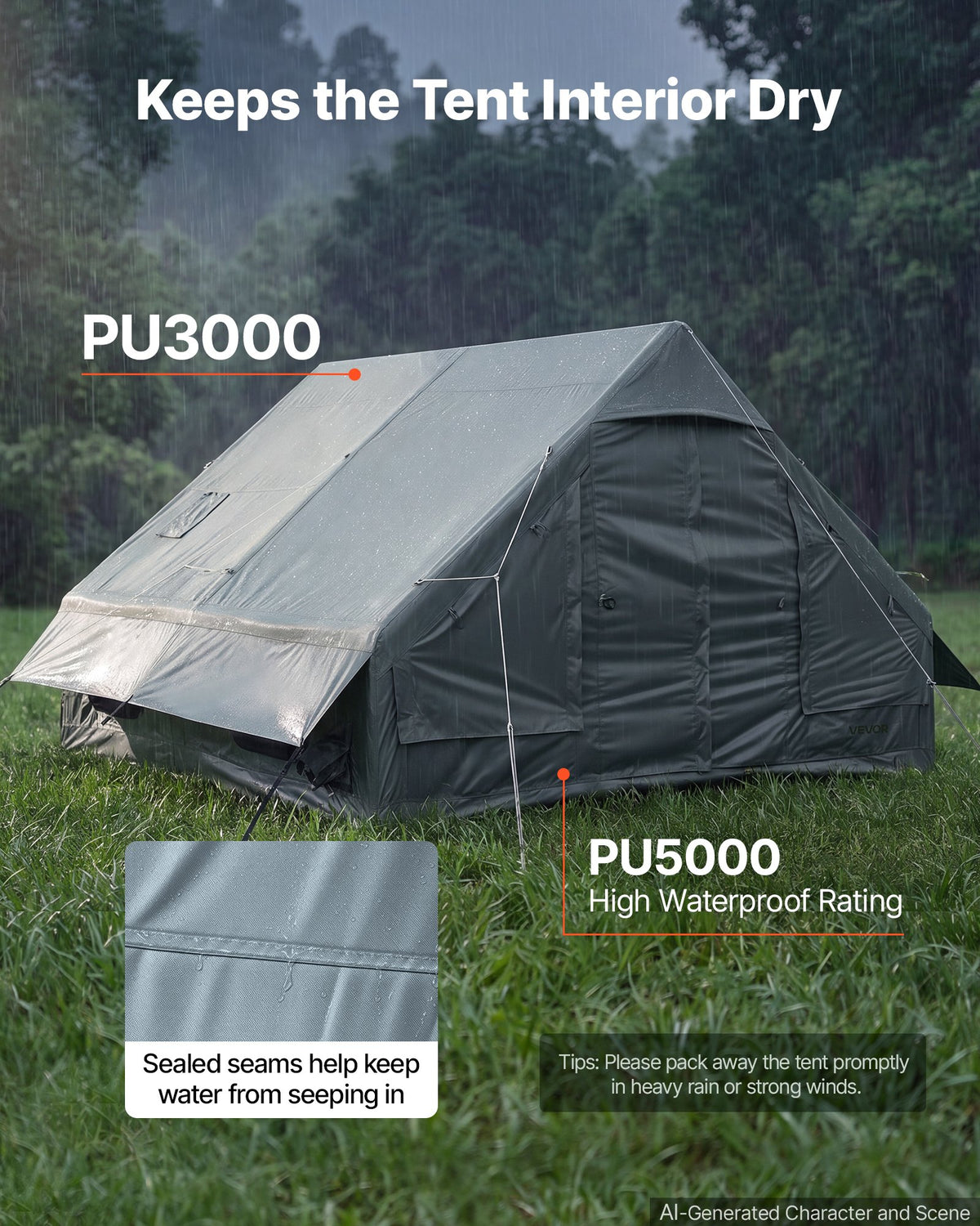 VEVOR Inflatable Tent for Camping 5-8 Person Blow Up Tent with Hand Pump, for Family Outdoor Glamping, Waterproof 420D Oxford, Easy Setup Air House with Skylight, Stove Jack, Mesh Windows & Carry Bag - CQSMGBLS12WTP1N4K001V0 - view 7