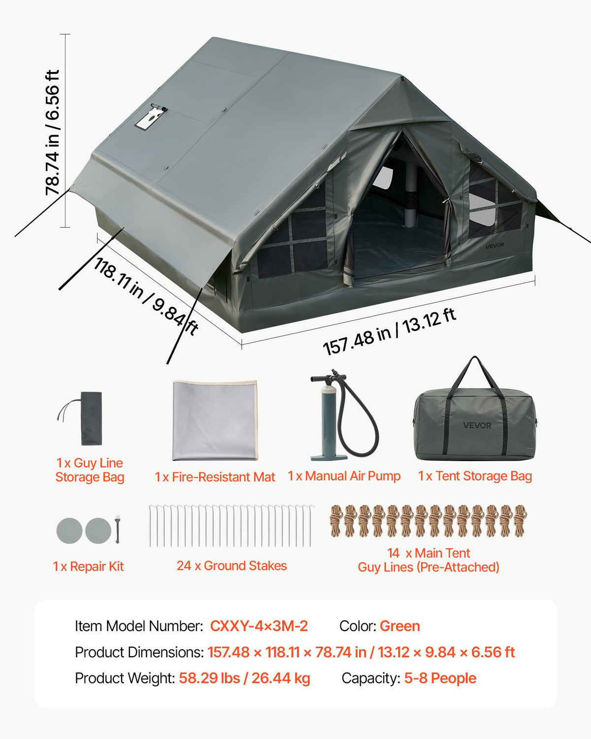 VEVOR Inflatable Tent for Camping 5-8 Person Blow Up Tent with Hand Pump, for Family Outdoor Glamping, Waterproof 420D Oxford, Easy Setup Air House with Skylight, Stove Jack, Mesh Windows & Carry Bag - CQSMGBLS12WTP1N4K001V0 - view 8