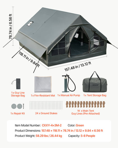 VEVOR Inflatable Tent for Camping 5-8 Person Blow Up Tent with Hand Pump, for Family Outdoor Glamping, Waterproof 420D Oxford, Easy Setup Air House with Skylight, Stove Jack, Mesh Windows & Carry Bag - CQSMGBLS12WTP1N4K001V0 - view 8