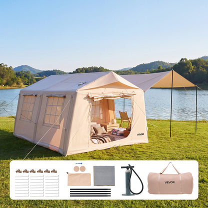 VEVOR Inflatable Tent for Camping 5-8 Person Blow Up Tent with Pump Beige, for Family Outdoor Glamping, Waterproof 420D Oxford, Easy Setup Air House with Skylight, Canopy, Stove Jack & Mesh Windows - CQSMGBMS12YTACQ0P001V0 - view 1