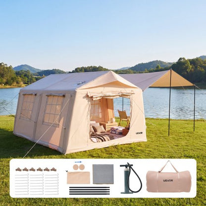 VEVOR Inflatable Tent for Camping 5-8 Person Blow Up Tent with Pump Beige, for Family Outdoor Glamping, Waterproof 420D Oxford, Easy Setup Air House with Skylight, Canopy, Stove Jack & Mesh Windows - CQSMGBMS12YTACQ0P001V0 - view 2