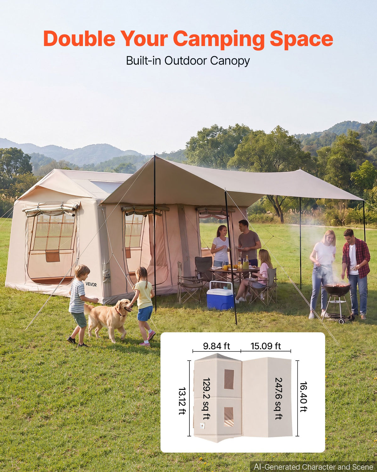 VEVOR Inflatable Tent for Camping 5-8 Person Blow Up Tent with Pump Beige, for Family Outdoor Glamping, Waterproof 420D Oxford, Easy Setup Air House with Skylight, Canopy, Stove Jack & Mesh Windows - CQSMGBMS12YTACQ0P001V0 - view 4