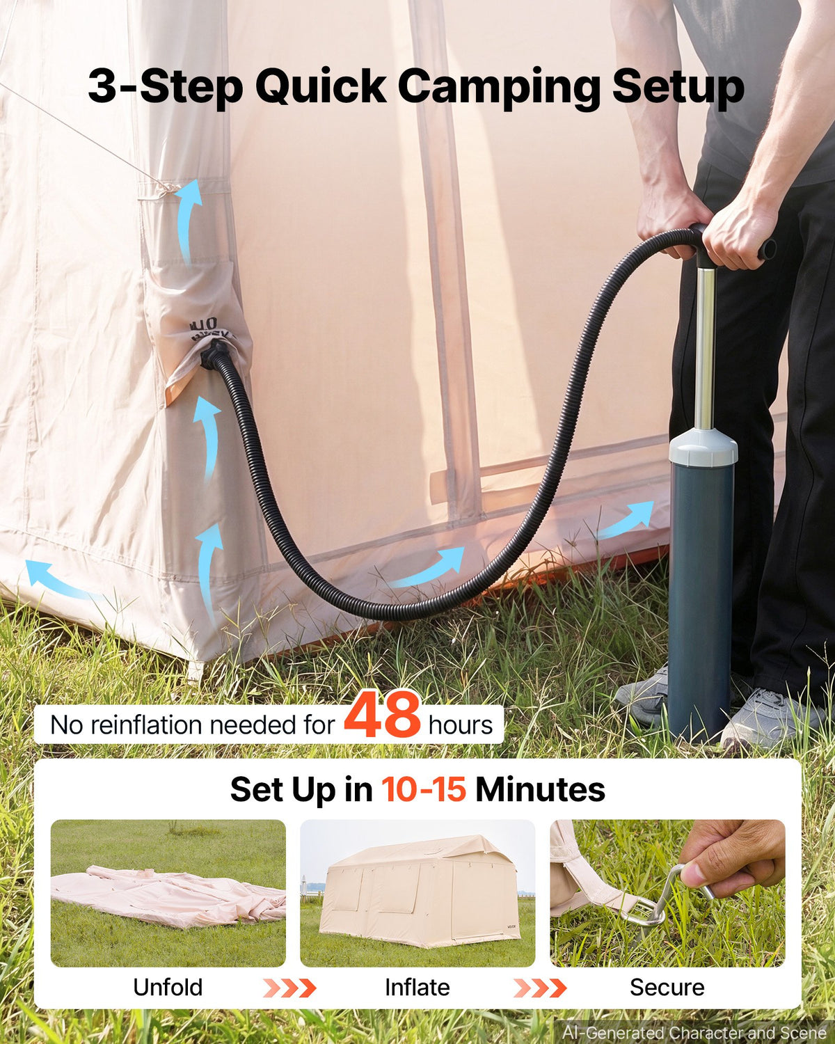 VEVOR Inflatable Tent for Camping 5-8 Person Blow Up Tent with Pump Beige, for Family Outdoor Glamping, Waterproof 420D Oxford, Easy Setup Air House with Skylight, Canopy, Stove Jack & Mesh Windows - CQSMGBMS12YTACQ0P001V0 - view 5