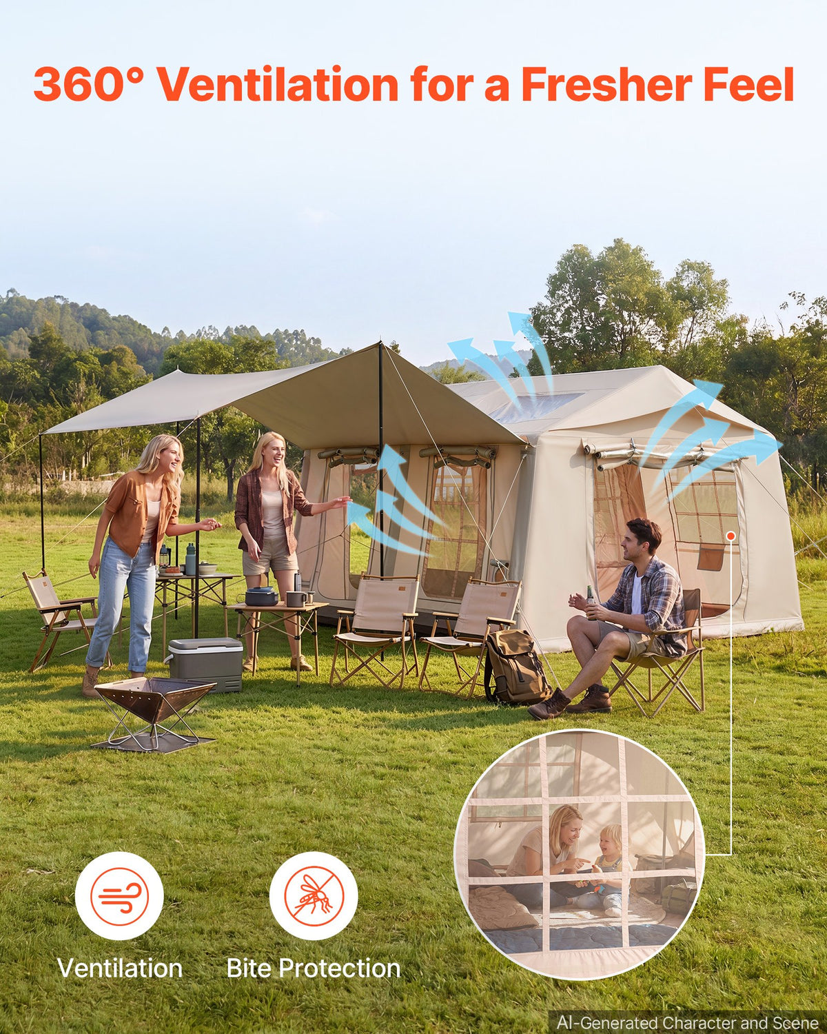 VEVOR Inflatable Tent for Camping 5-8 Person Blow Up Tent with Pump Beige, for Family Outdoor Glamping, Waterproof 420D Oxford, Easy Setup Air House with Skylight, Canopy, Stove Jack & Mesh Windows - CQSMGBMS12YTACQ0P001V0 - view 7