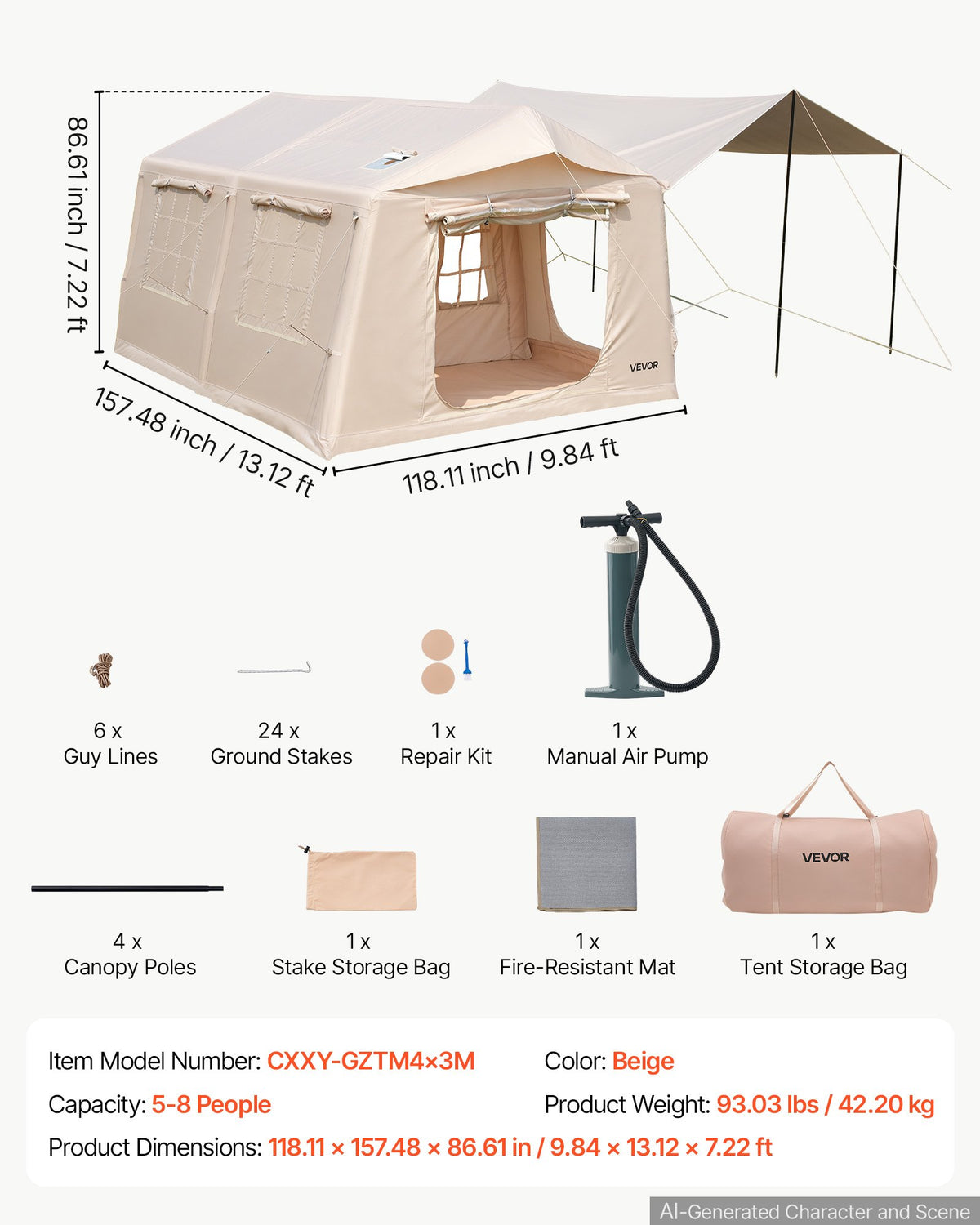 VEVOR Inflatable Tent for Camping 5-8 Person Blow Up Tent with Pump Beige, for Family Outdoor Glamping, Waterproof 420D Oxford, Easy Setup Air House with Skylight, Canopy, Stove Jack & Mesh Windows - CQSMGBMS12YTACQ0P001V0 - view 8