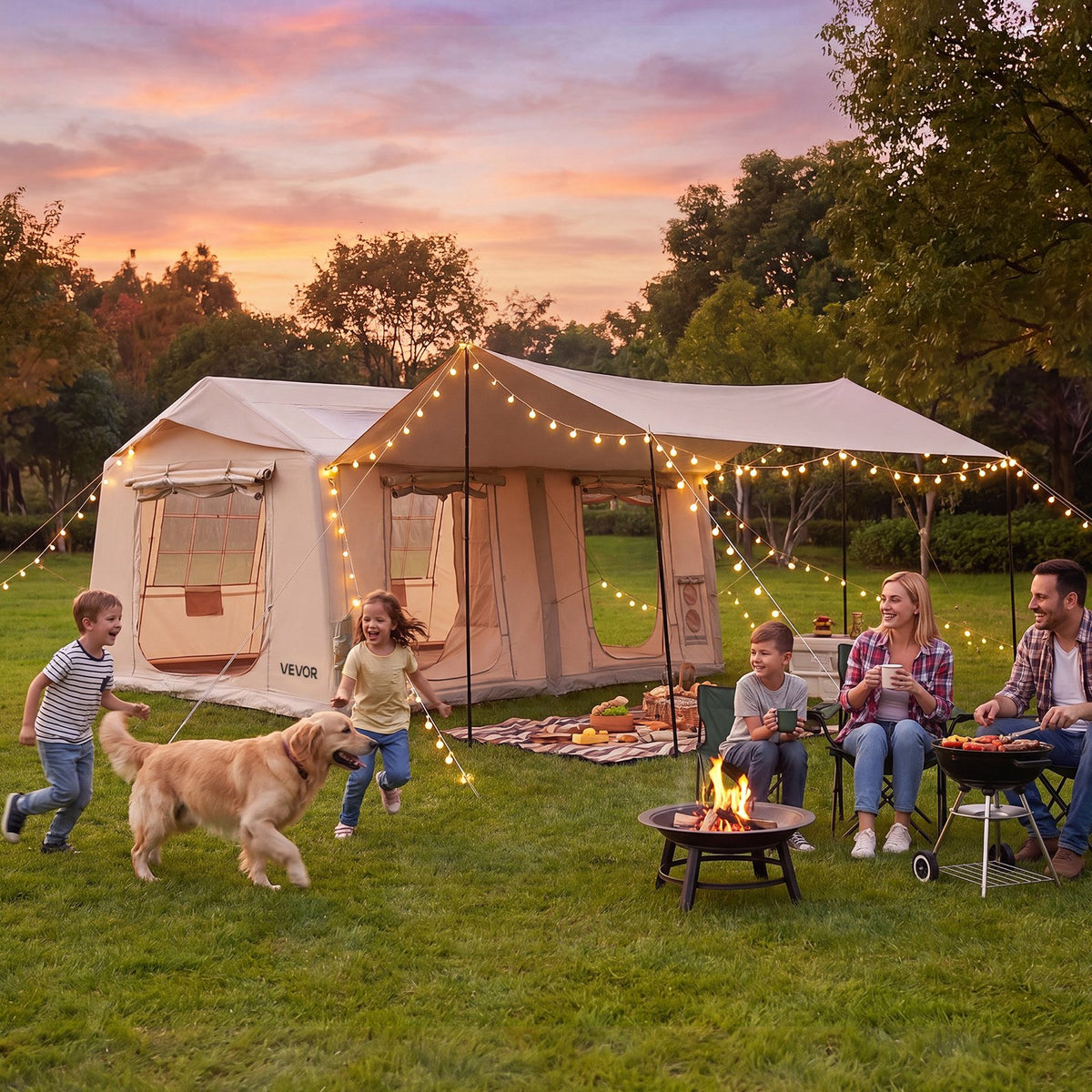 VEVOR Inflatable Tent for Camping 5-8 Person Blow Up Tent with Pump Beige, for Family Outdoor Glamping, Waterproof 420D Oxford, Easy Setup Air House with Skylight, Canopy, Stove Jack & Mesh Windows - CQSMGBMS12YTACQ0P001V0 - view 9