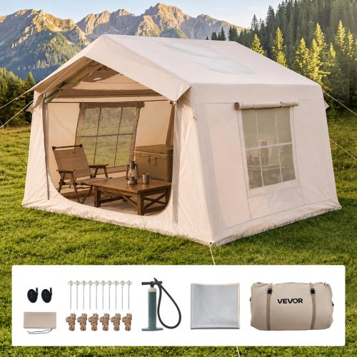 VEVOR Inflatable Tent for Camping 2-4 Person Blow Up Tent with Pump Beige, for Family Outdoor Glamping, Waterproof 420D Oxford, Easy Setup Air House with Skylight, Stove Jack, Mesh Windows & Carry Bag - CQSMGBMS8WTMTM9OH001V0 - view 2