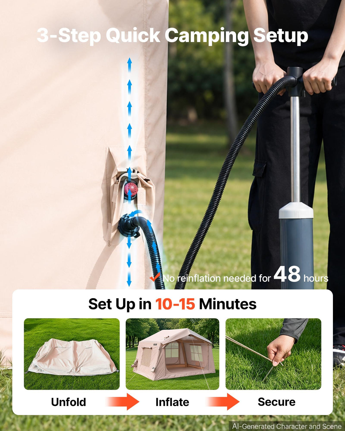 VEVOR Inflatable Tent for Camping 2-4 Person Blow Up Tent with Pump Beige, for Family Outdoor Glamping, Waterproof 420D Oxford, Easy Setup Air House with Skylight, Stove Jack, Mesh Windows & Carry Bag - CQSMGBMS8WTMTM9OH001V0 - view 4