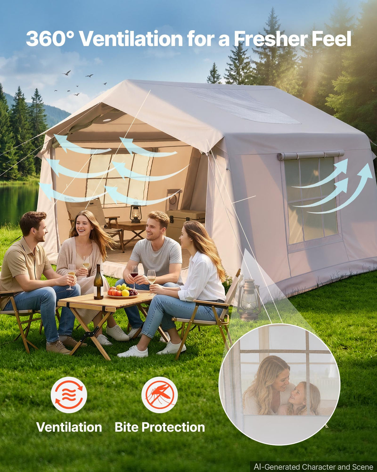VEVOR Inflatable Tent for Camping 2-4 Person Blow Up Tent with Pump Beige, for Family Outdoor Glamping, Waterproof 420D Oxford, Easy Setup Air House with Skylight, Stove Jack, Mesh Windows & Carry Bag - CQSMGBMS8WTMTM9OH001V0 - view 6