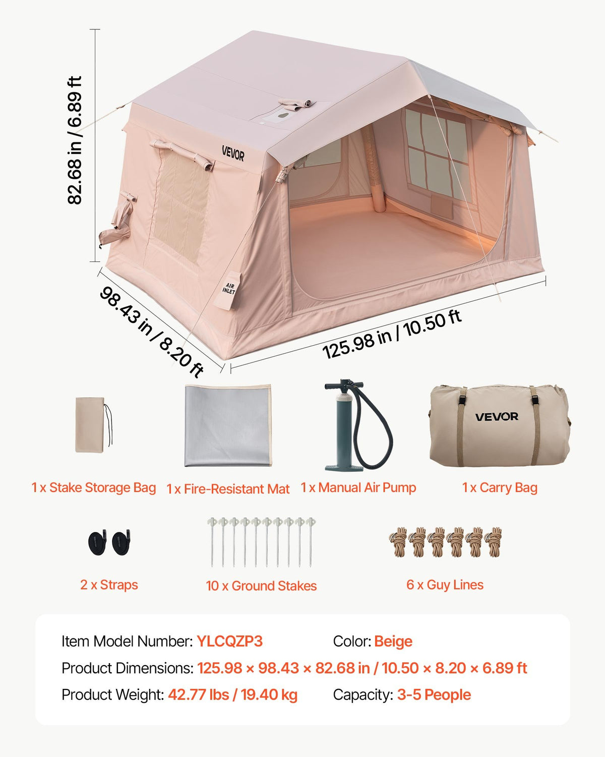 VEVOR Inflatable Tent for Camping 2-4 Person Blow Up Tent with Pump Beige, for Family Outdoor Glamping, Waterproof 420D Oxford, Easy Setup Air House with Skylight, Stove Jack, Mesh Windows & Carry Bag - CQSMGBMS8WTMTM9OH001V0 - view 8