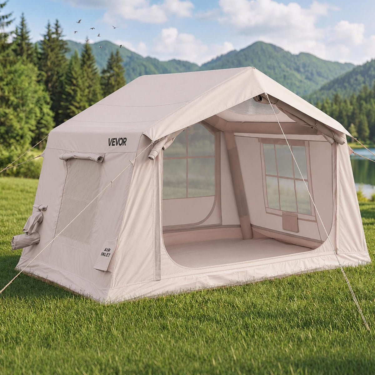 VEVOR Inflatable Tent for Camping 2-4 Person Blow Up Tent with Pump Beige, for Family Outdoor Glamping, Waterproof 420D Oxford, Easy Setup Air House with Skylight, Stove Jack, Mesh Windows & Carry Bag - CQSMGBMS8WTMTM9OH001V0 - view 9